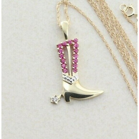 10k Yellow Gold Lab Created Ruby and Diamond Cowboy Boot Necklace 18 inch chain
